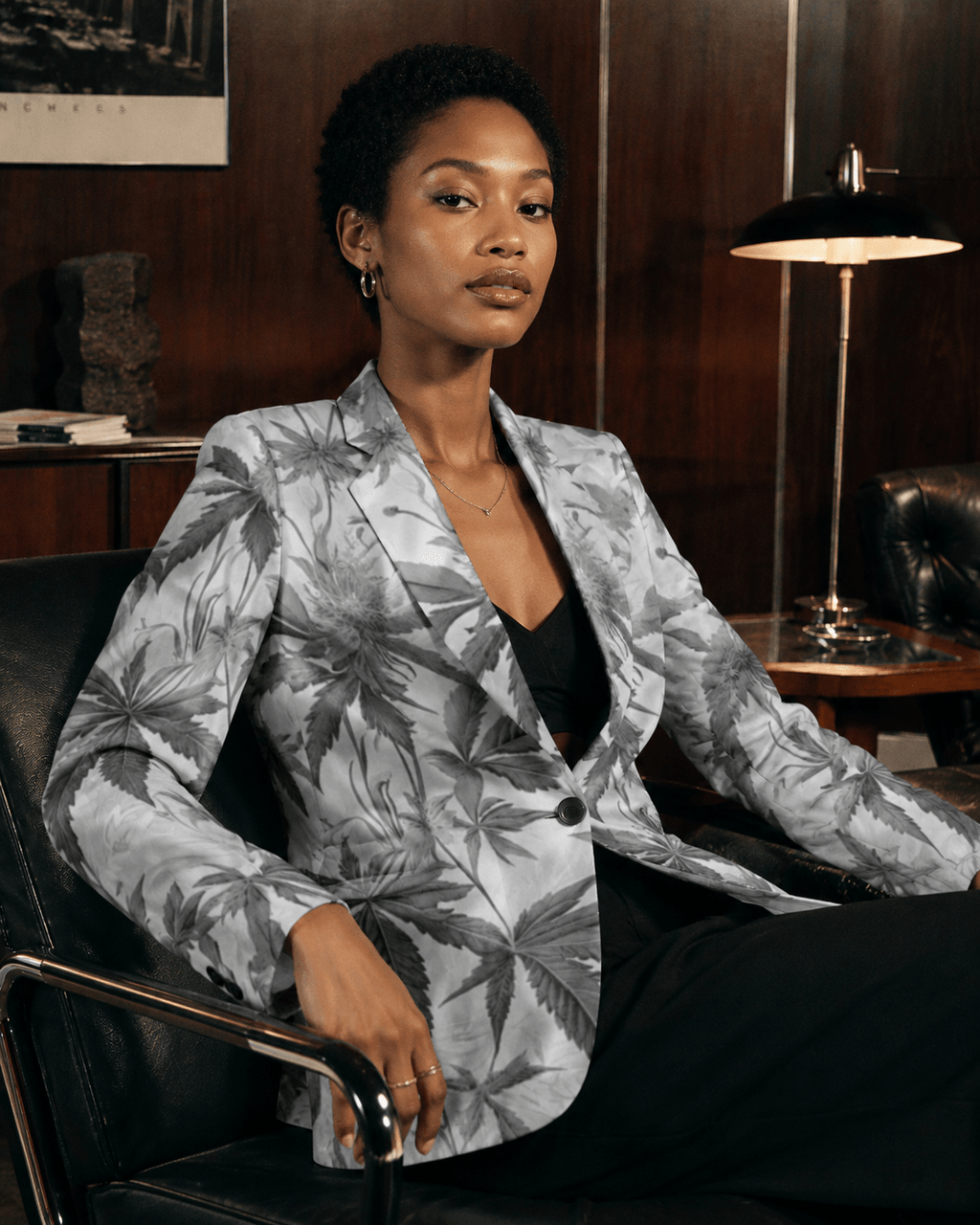 Jane Dope Ash Boss ethereal smoke print relaxed cotton blazer, front view on model