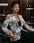 Jane Dope Ash Boss ethereal smoke print relaxed cotton blazer, front view on model