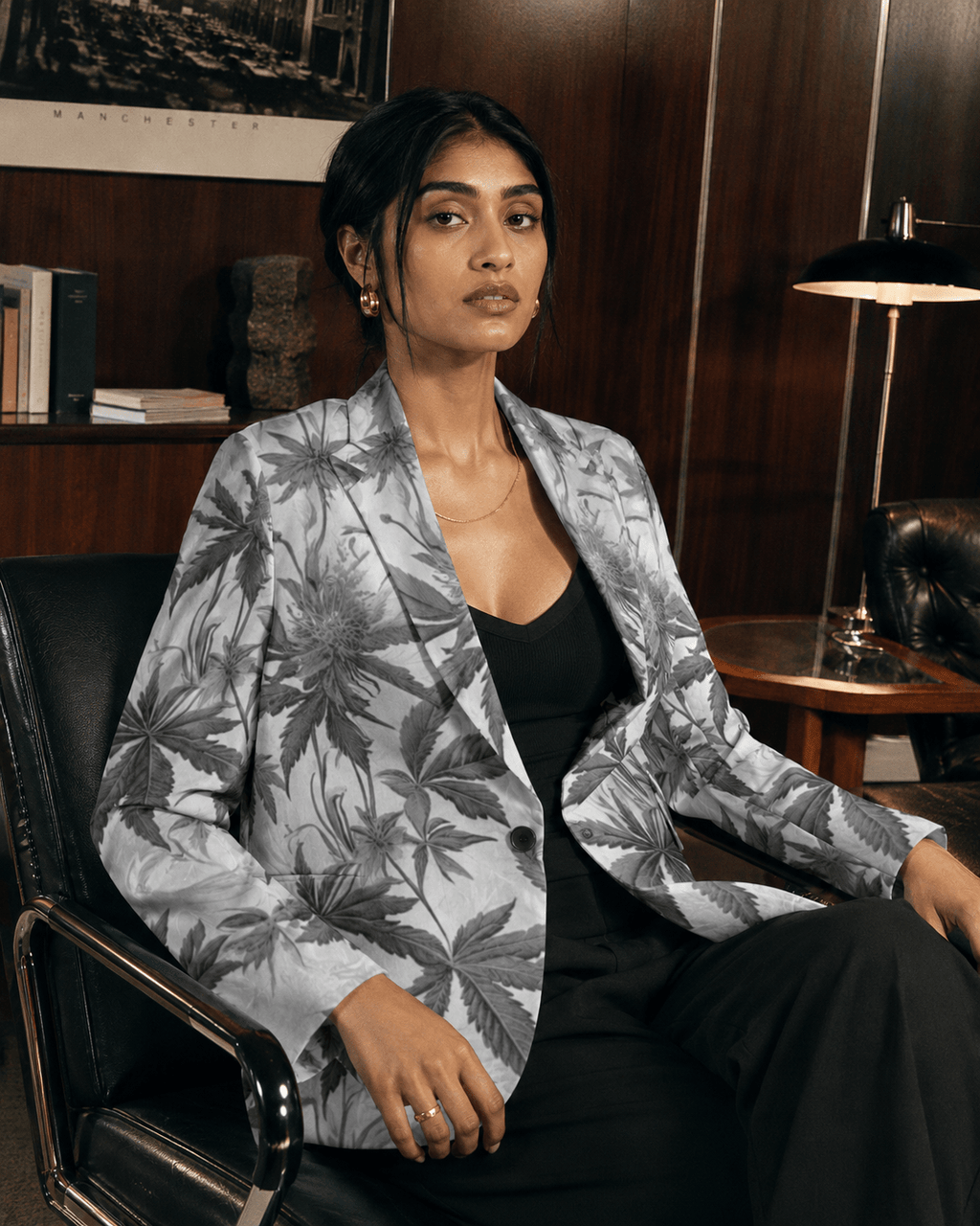 Ash Boss smoke print cotton blazer, back view on model