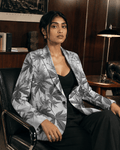 Ash Boss smoke print cotton blazer, back view on model