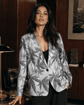 Ash Boss smoke print cotton blazer, three-quarter view on model