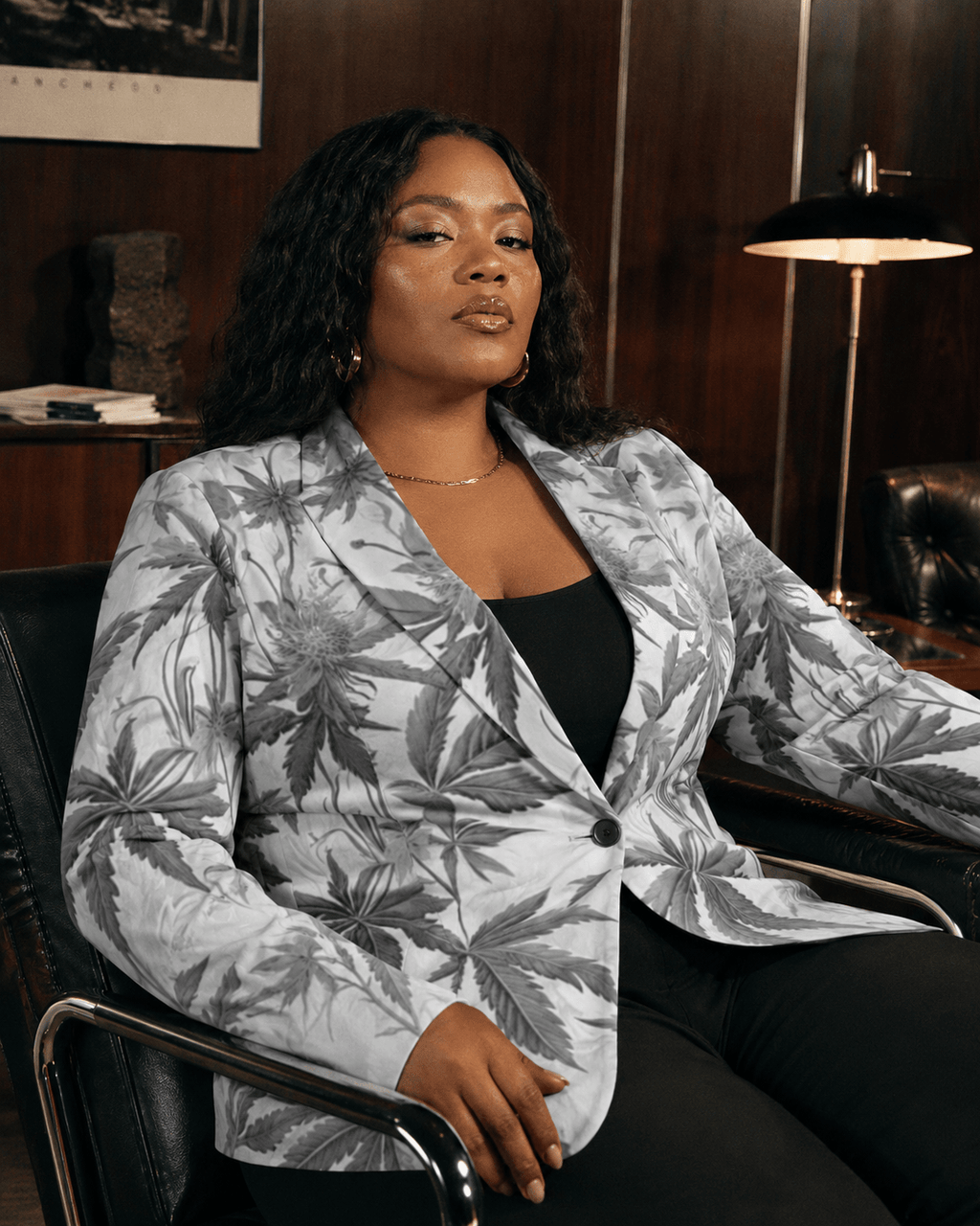 Ash Boss smoke print cotton blazer, full length view on model outdoors