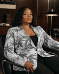 Ash Boss smoke print cotton blazer, full length view on model outdoors