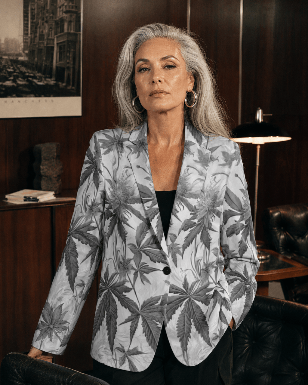 Ash Boss smoke print cotton blazer, lapel and button detail close-up