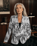 Ash Boss smoke print cotton blazer, lapel and button detail close-up