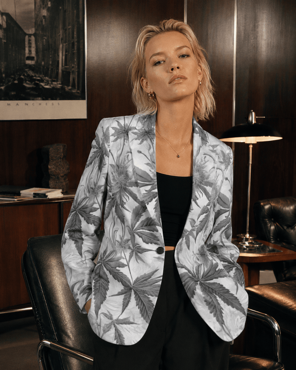 Ash Boss smoke print cotton blazer, lifestyle editorial shot on model