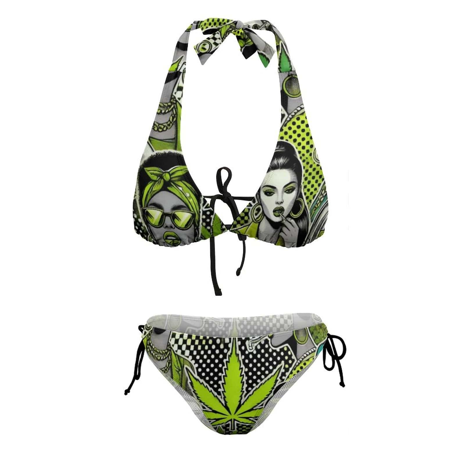 Bad B graphic halter bikini, flat lay showing top and bottoms