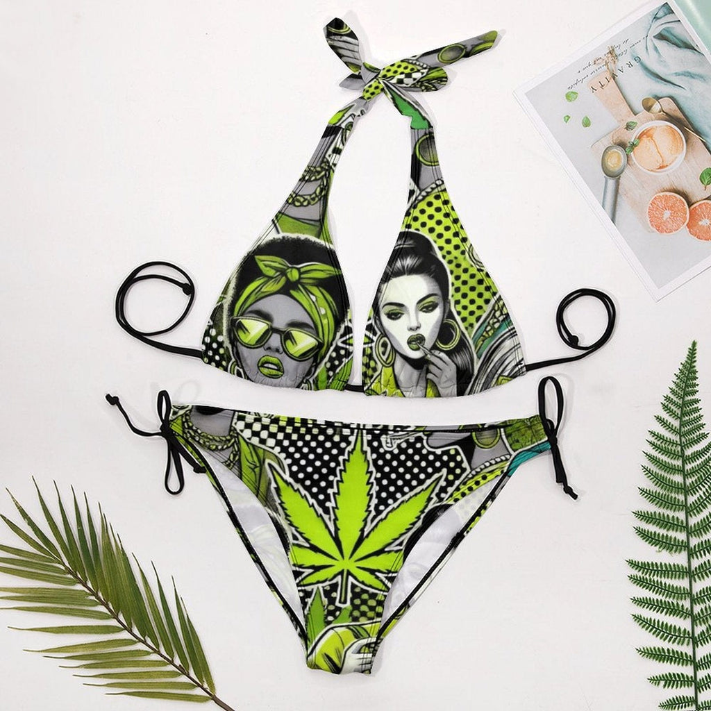 Bad B graphic halter bikini, back view showing tie detail