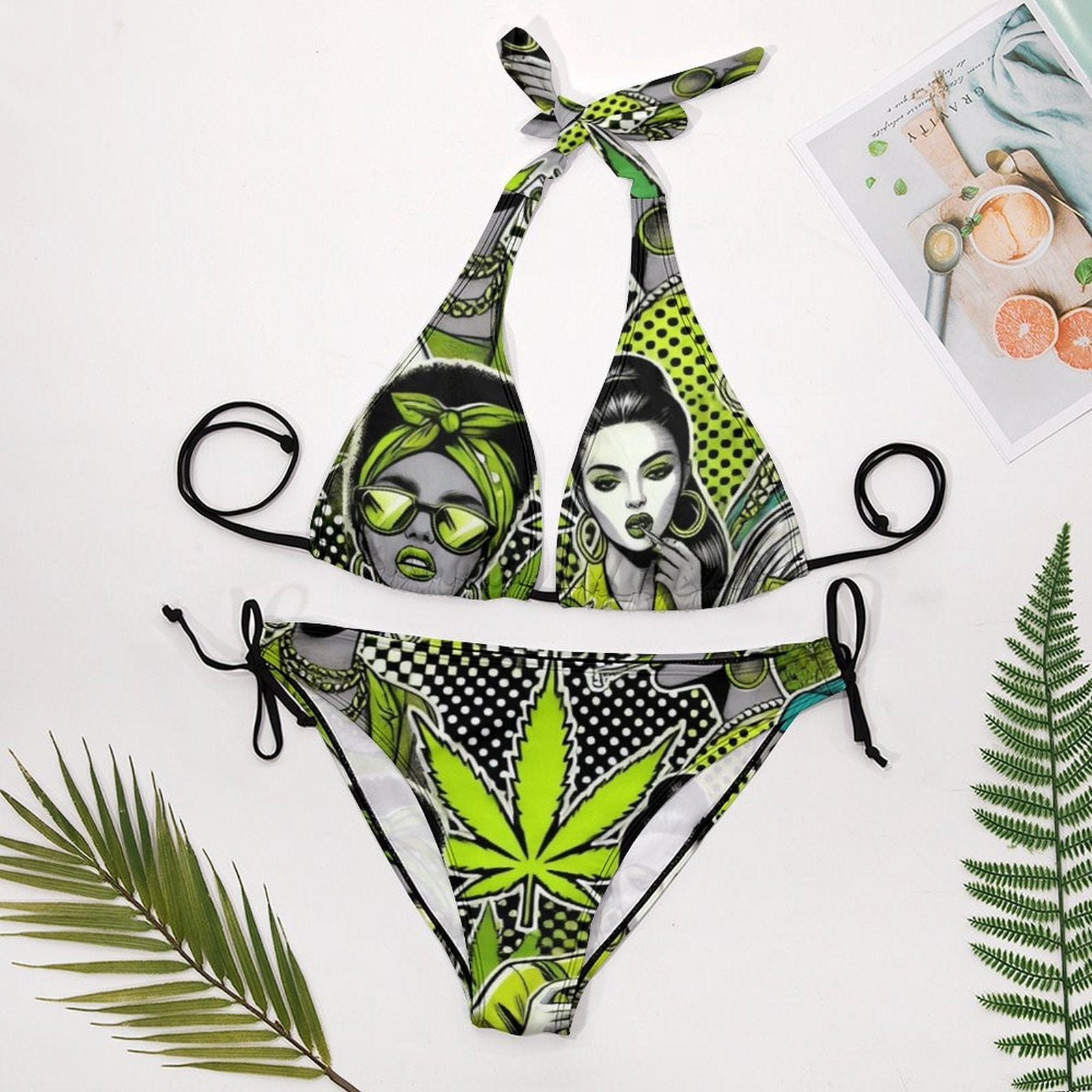 Bad B graphic halter bikini, back view showing tie detail
