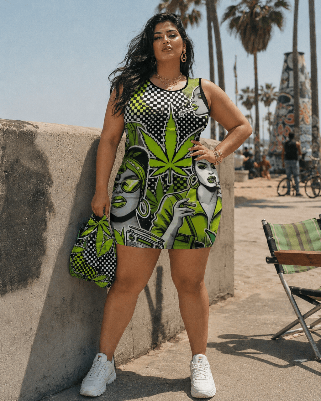 Bad B graphic print sleeveless tank dress, lifestyle editorial shot on model