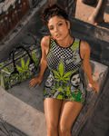 Bad B graphic print sleeveless tank dress, three-quarter view on model