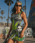 Bad B graphic print sleeveless tank dress, back view on model