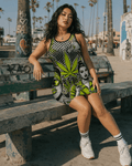 Bad B graphic print sleeveless tank dress, side view on model