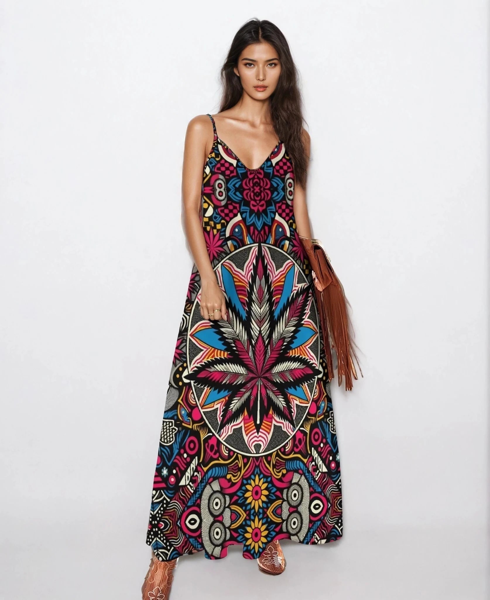 Batik Bliss Long Sleeveless Dress White S V-Neck Open Fork Long Dress( D18)