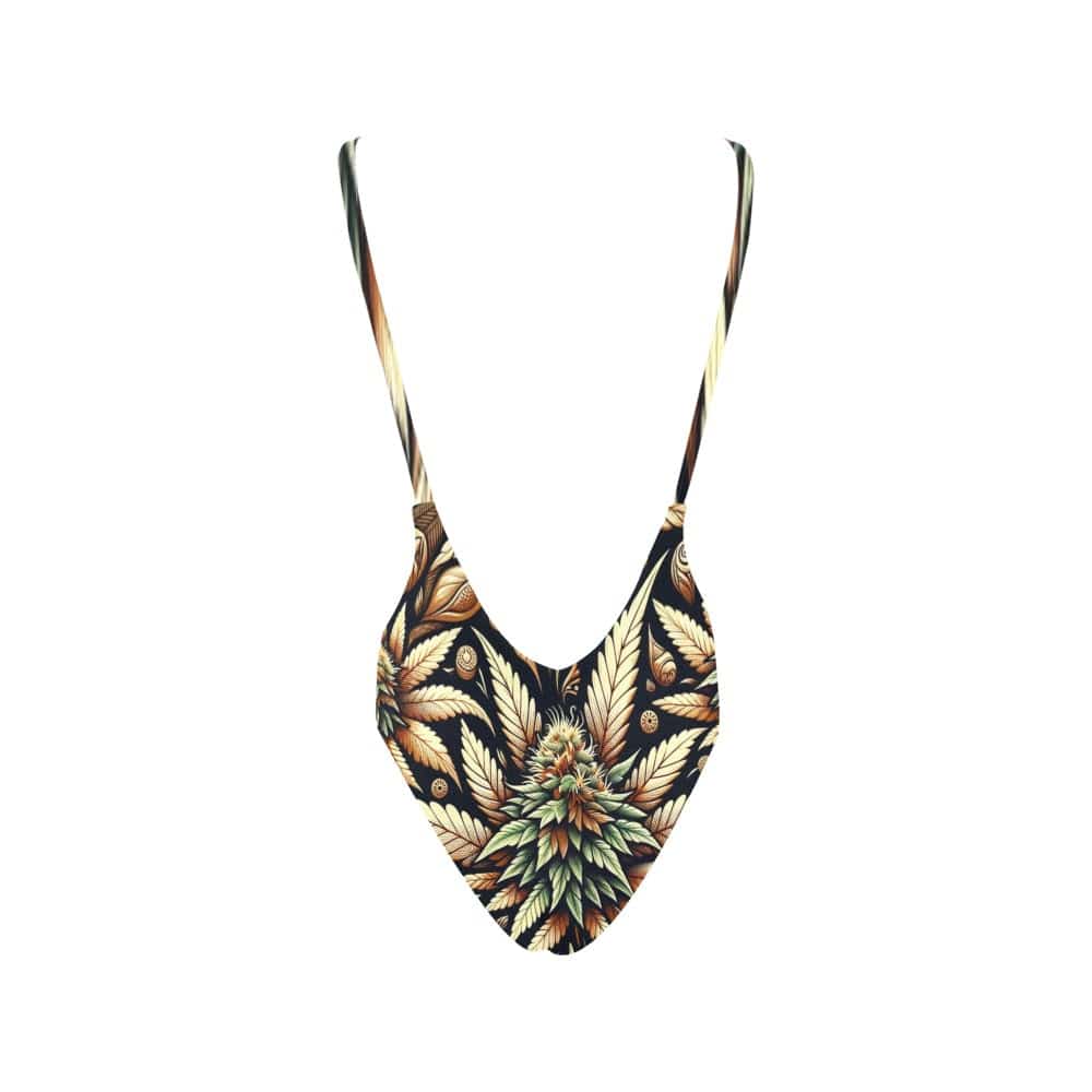 Batik bud print deep-V low back swimsuit, front view on model