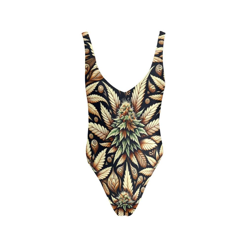 Batik bud print deep-V low back swimsuit, side view on model