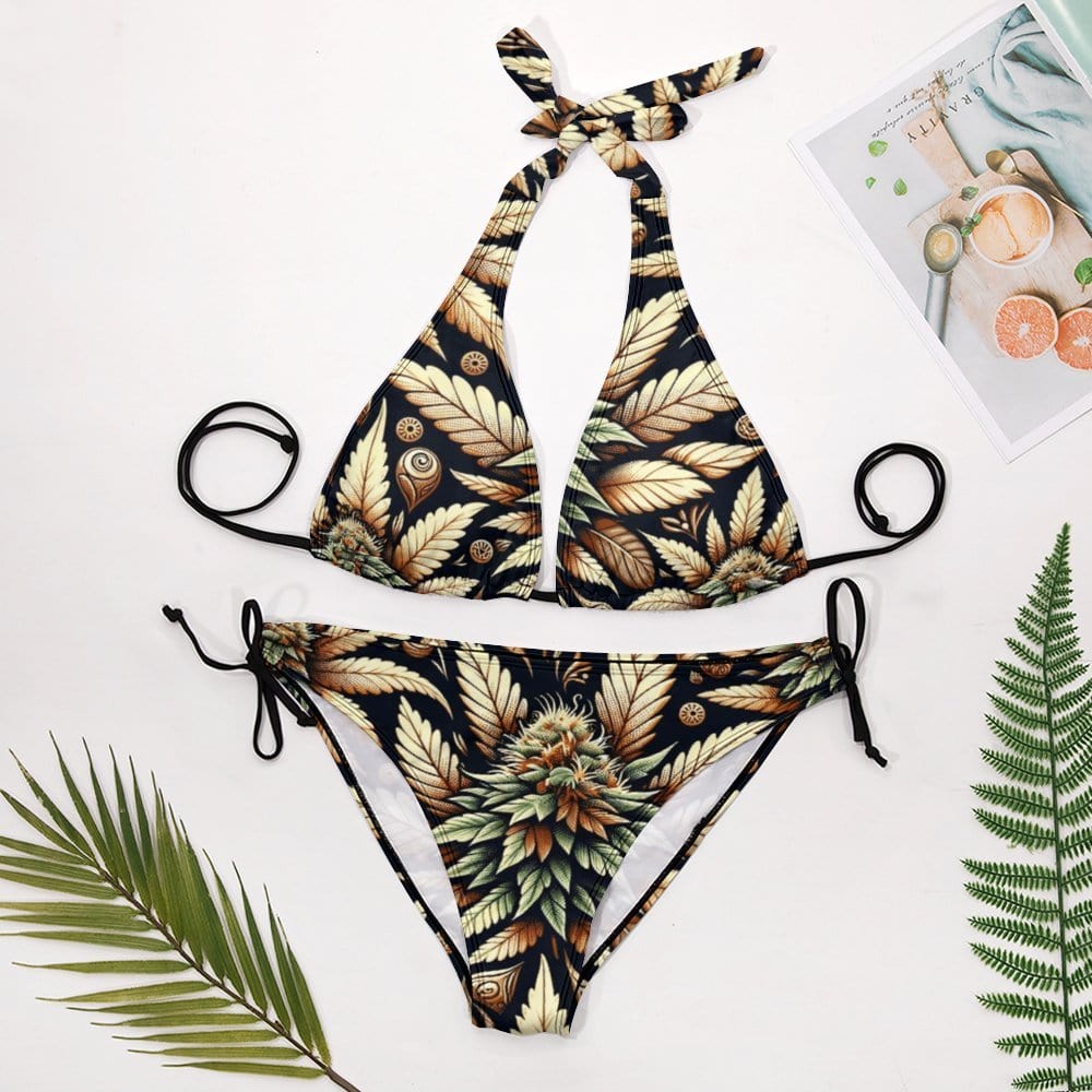 Batik bud print flounce halter bikini, back view showing tie detail