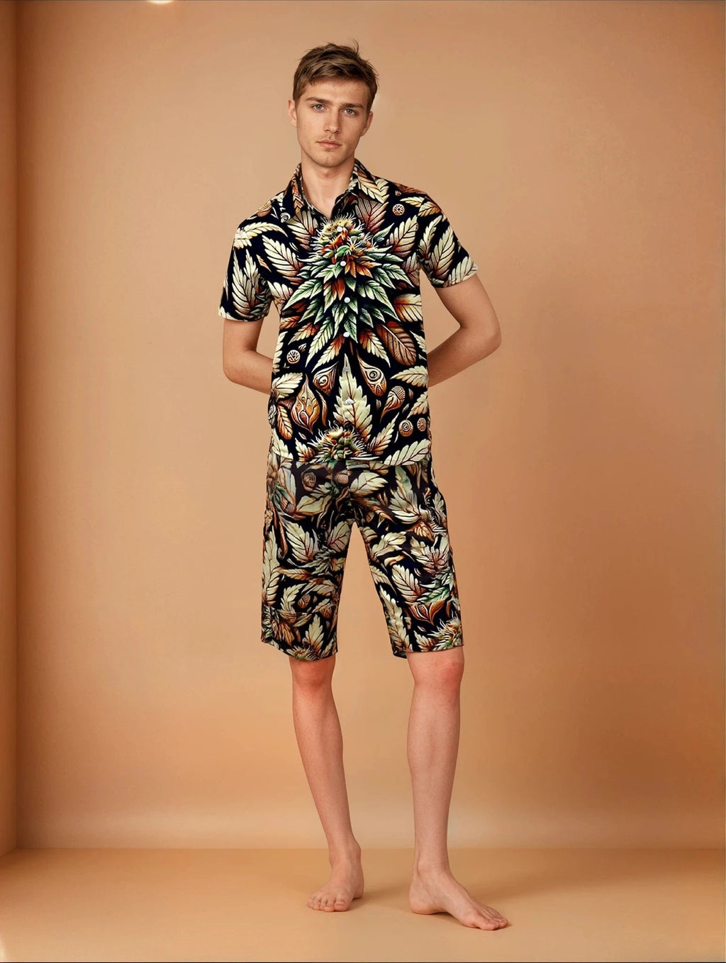 Jane Dope batik bud print men's beach shirt and shorts set, front view
