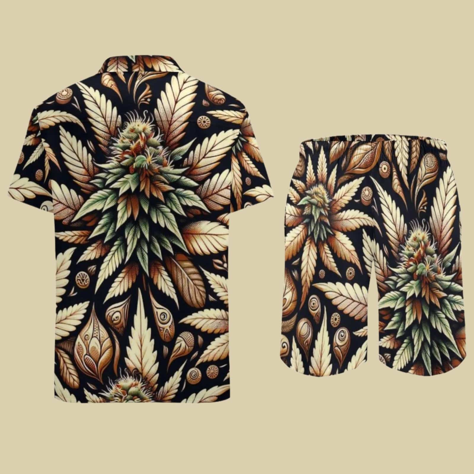 Batik bud print beach suit, shirt detail close-up