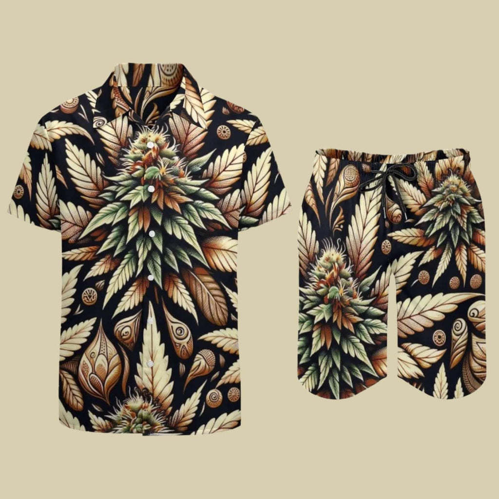 Batik bud print beach suit, flat lay showing shirt and shorts