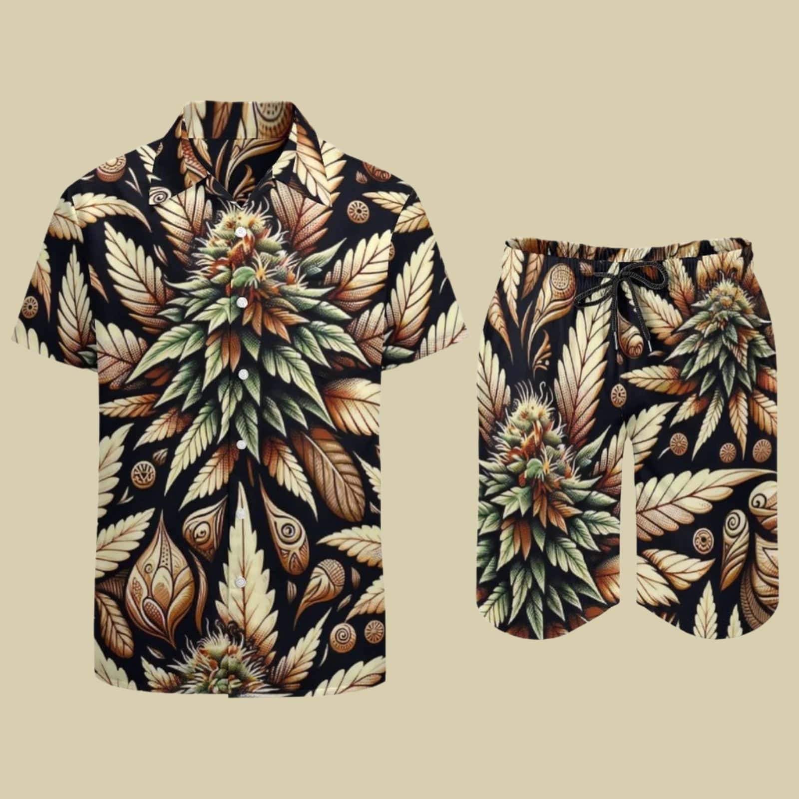 Batik bud print beach suit, flat lay showing shirt and shorts