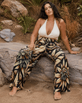 Batik print wide leg lounge pants, lifestyle editorial shot on model
