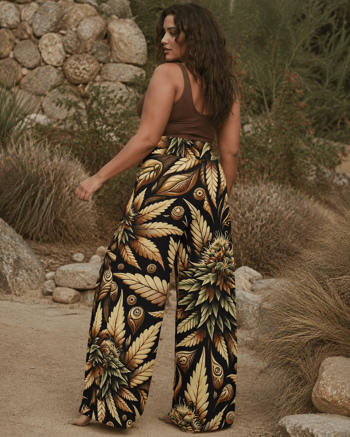 Batik print wide leg lounge pants, seated lifestyle shot on model