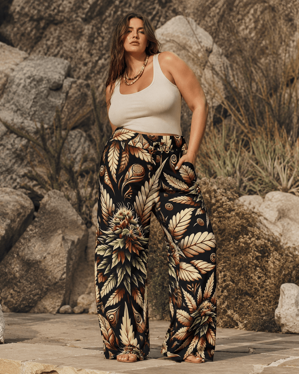 Batik print wide leg lounge pants, full length view on model outdoors