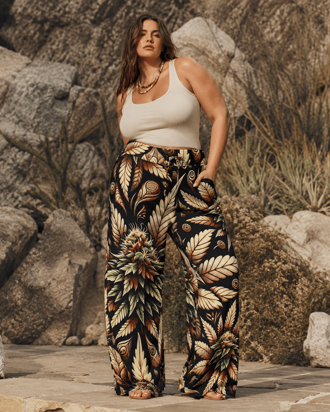 Batik print wide leg lounge pants, full length view on model outdoors