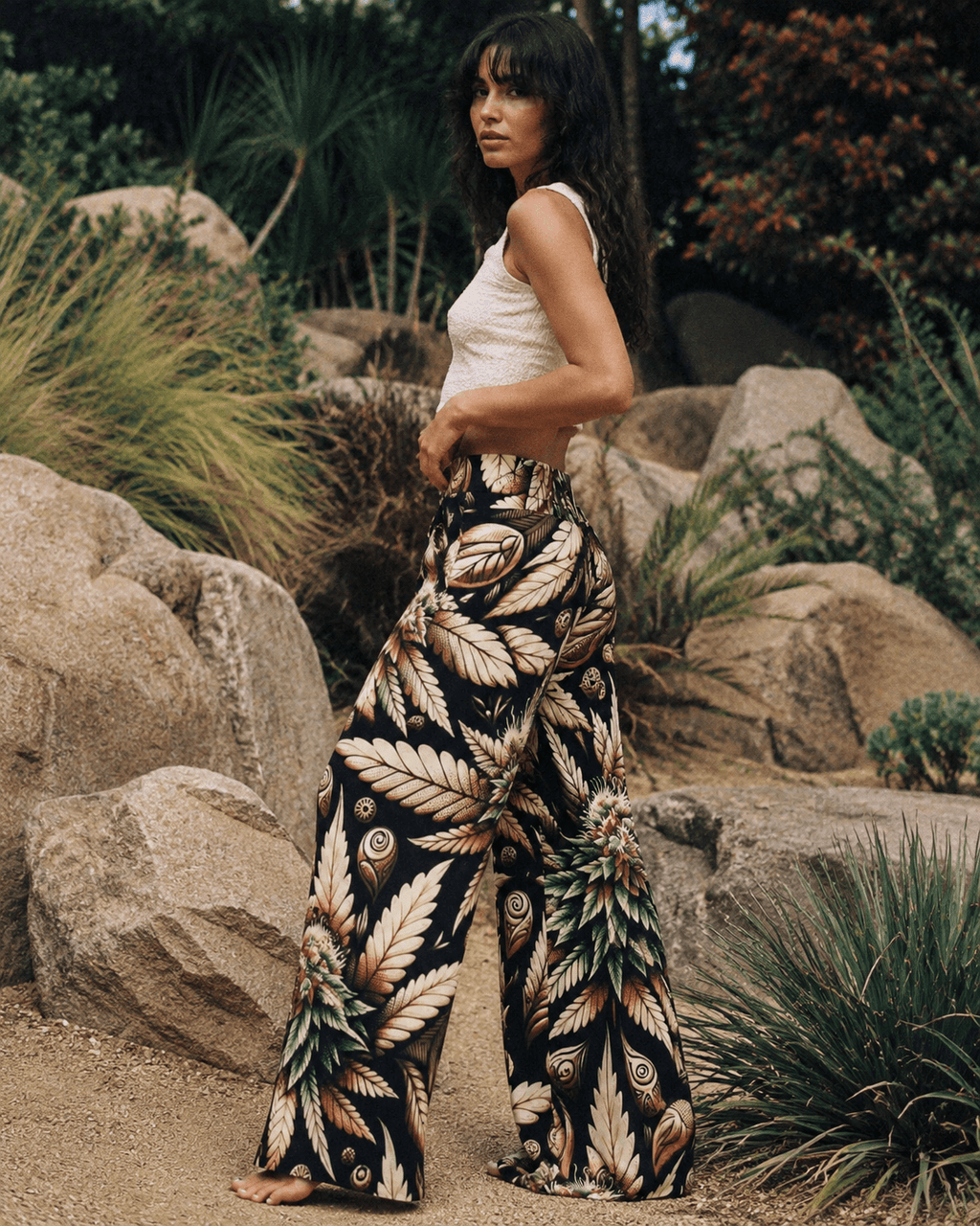 Batik print wide leg lounge pants, back view on model