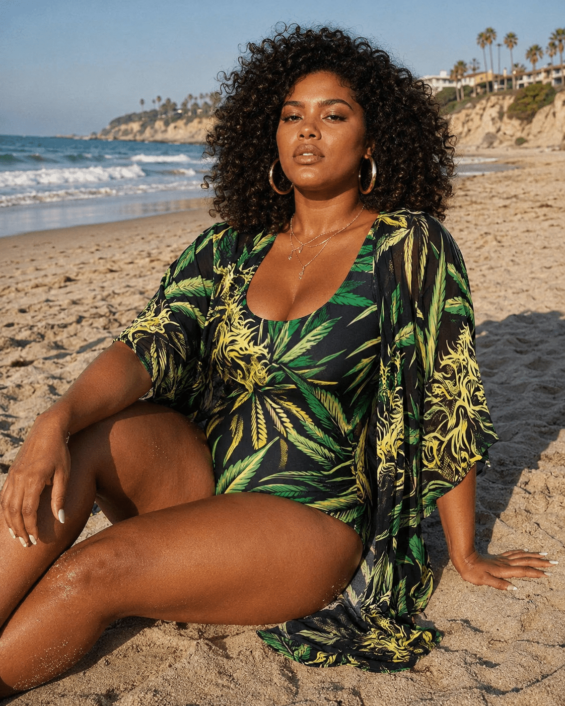 Jane Dope big buds print backless one-piece swimsuit, front view on model