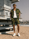 Bud print beach shirt and shorts set, three-quarter view on model