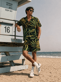 Bud print men's beach shirt and shorts set, lifestyle shot on model