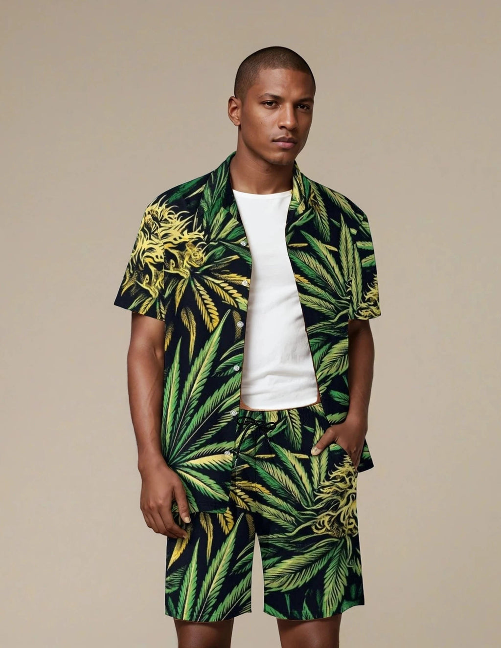Jane Dope bud print men's beach shirt and shorts set, front view