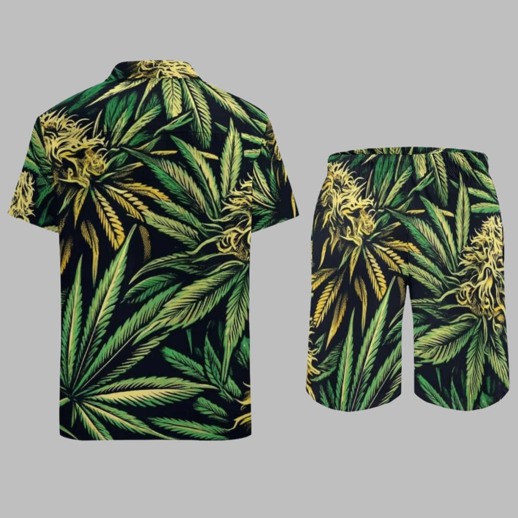 Bud print beach suit, flat lay showing shirt and shorts