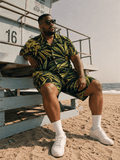 Bud print beach shirt and shorts set, lifestyle editorial shot on model
