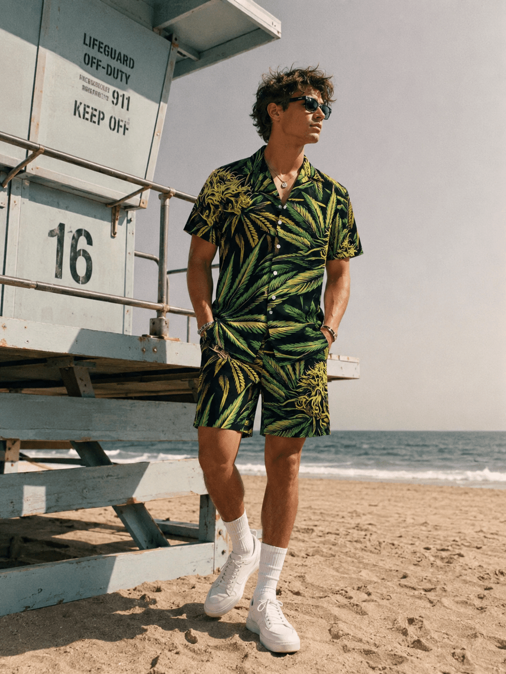 Bud print beach shirt and shorts set, front view on model
