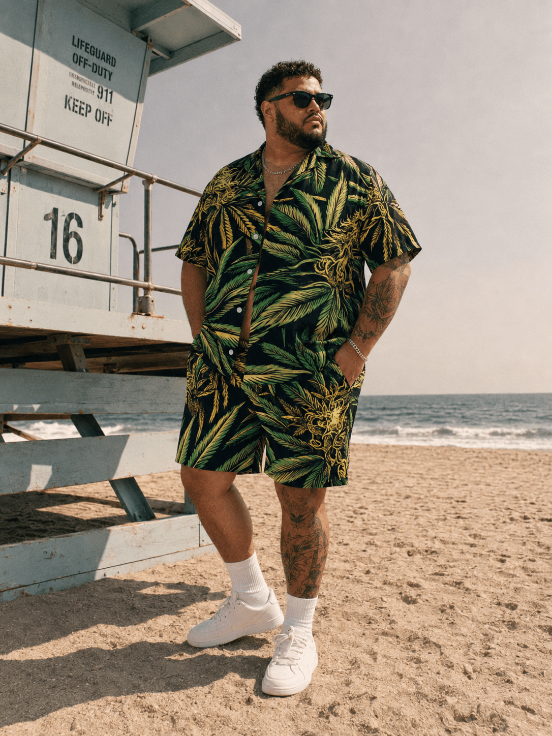 Bud print beach shirt and shorts set, close-up showing fabric and print detail