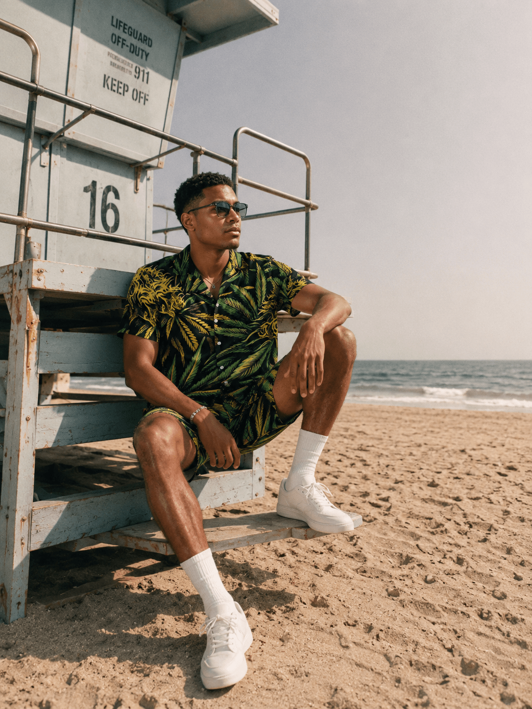 Bud print beach shirt and shorts set, full length view on model outdoors