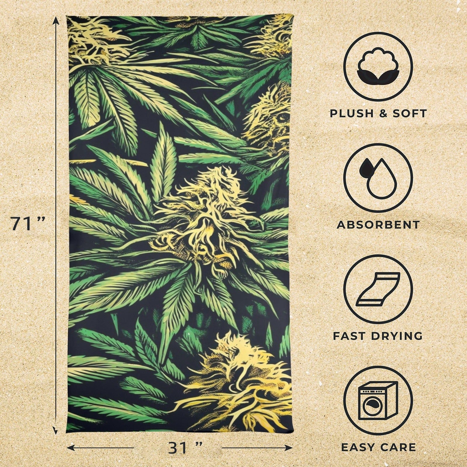 Cannabis big buds print beach towel, print detail close-up