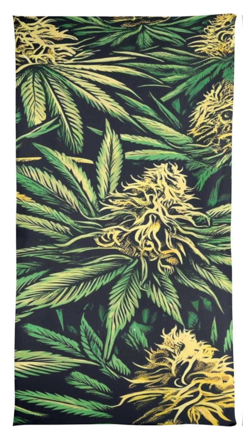 Jane Dope cannabis big buds print beach towel, flat lay showing full print