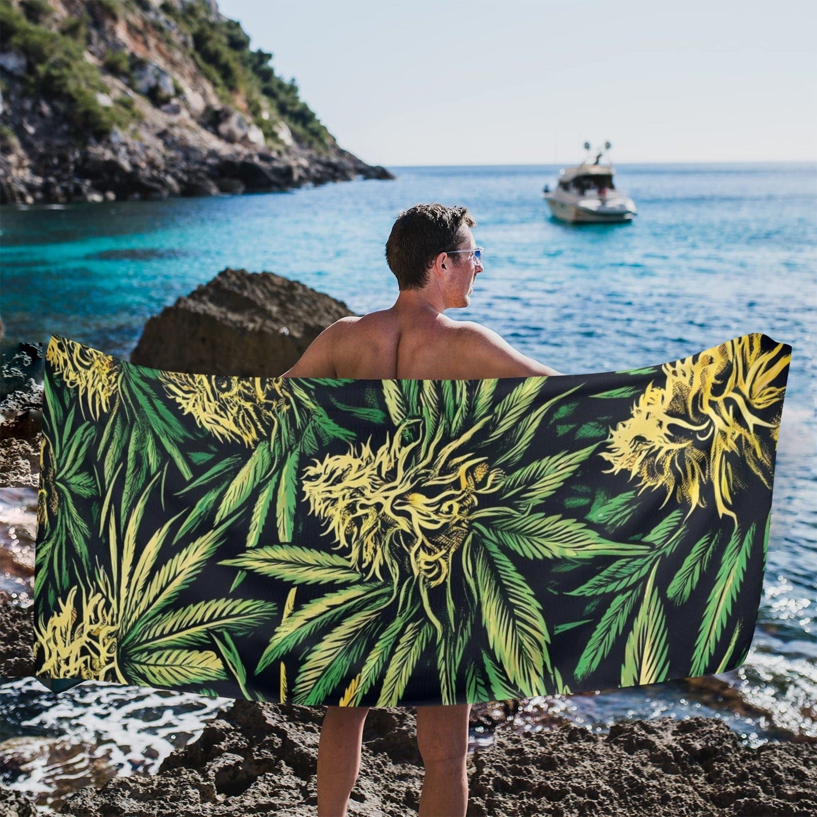 Cannabis big buds print beach towel, draped lifestyle shot
