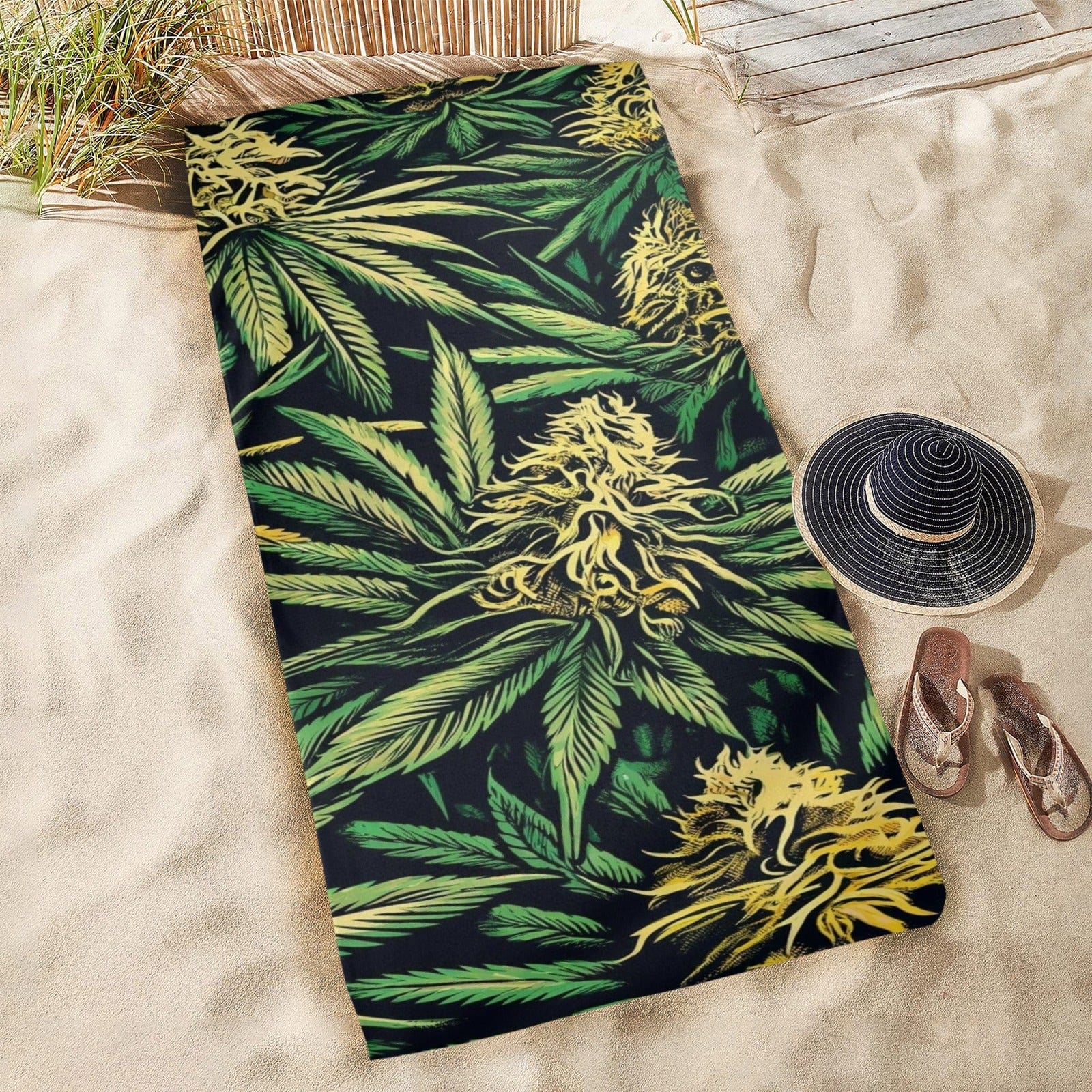 Cannabis big buds print beach towel, rolled showing compact size