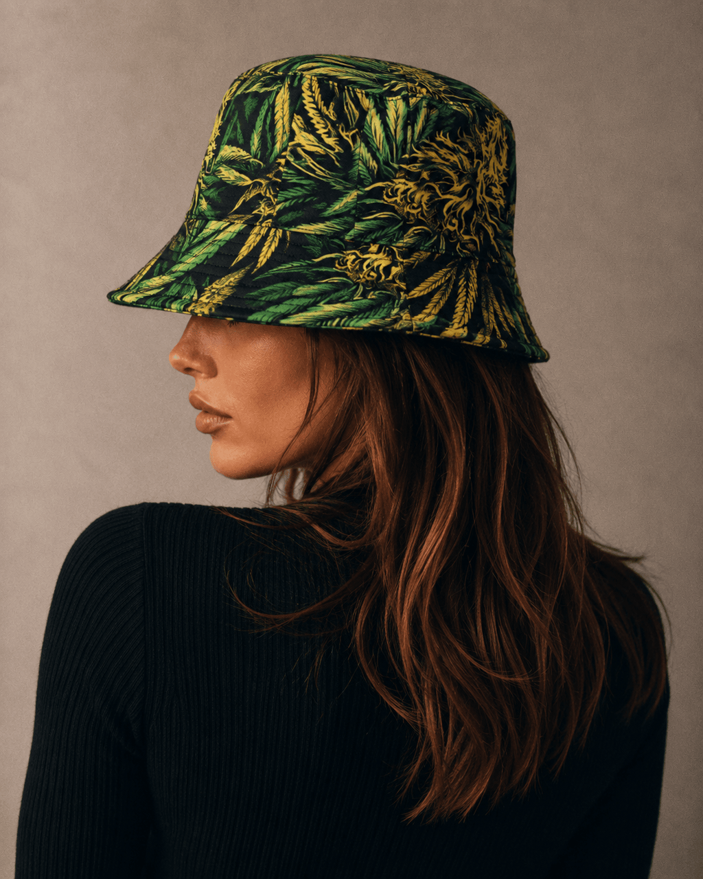 Bud print unisex bucket hat, side profile view on model