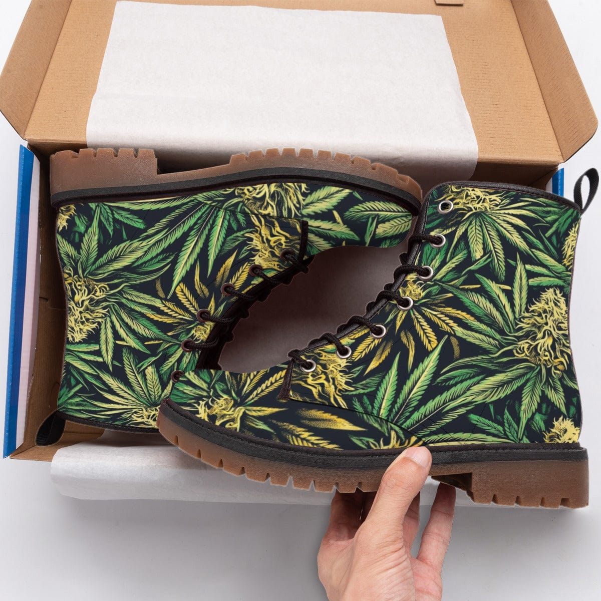 Big buds print vegan Martin boots, back view showing heel