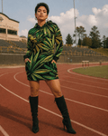 Big buds print hoodie mini dress, back view on model