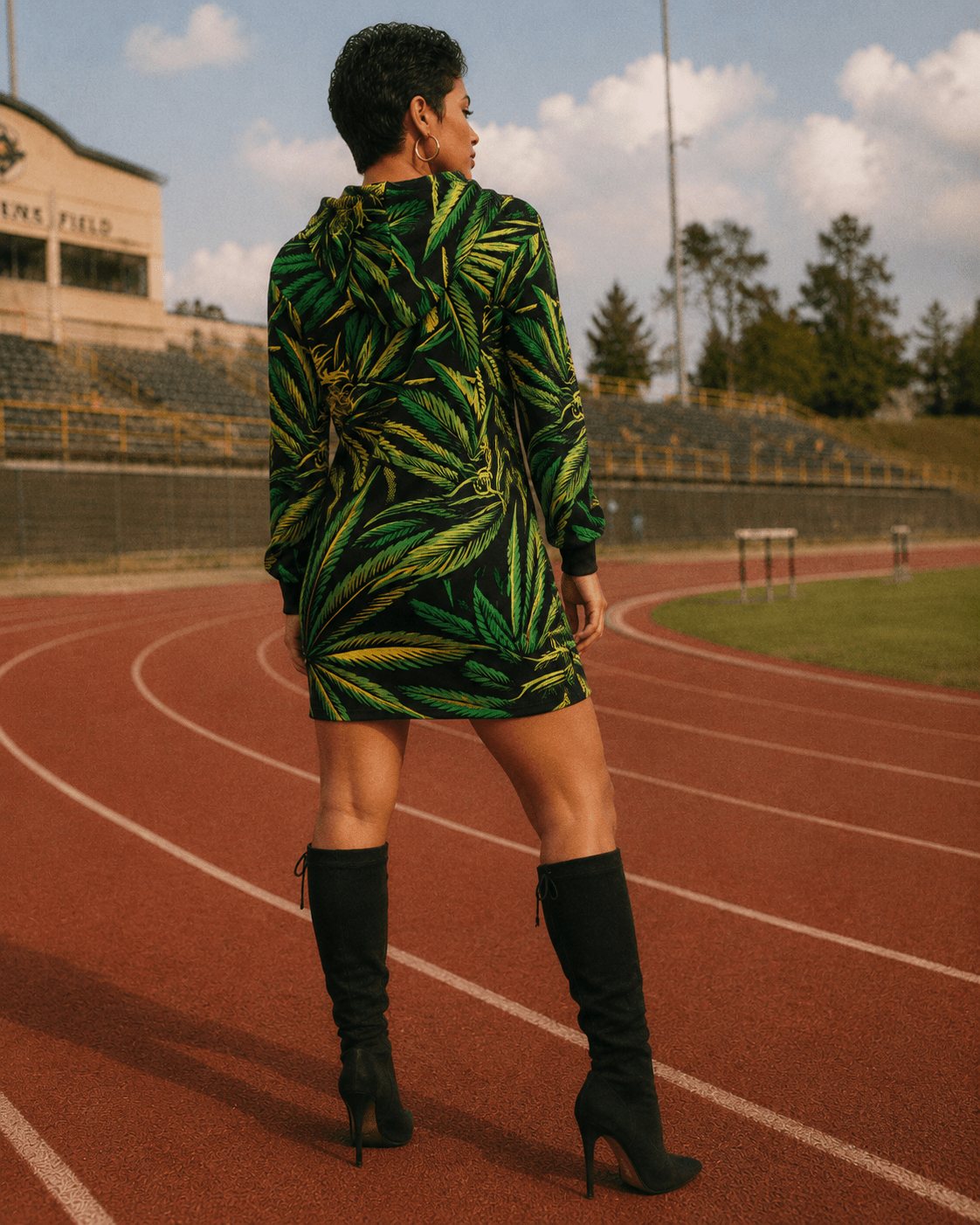 Jane Dope big buds print hoodie mini dress, front view on model