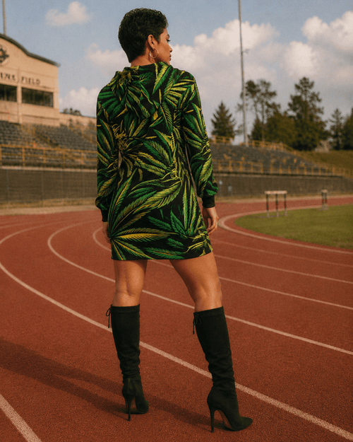 Jane Dope big buds print hoodie mini dress, front view on model