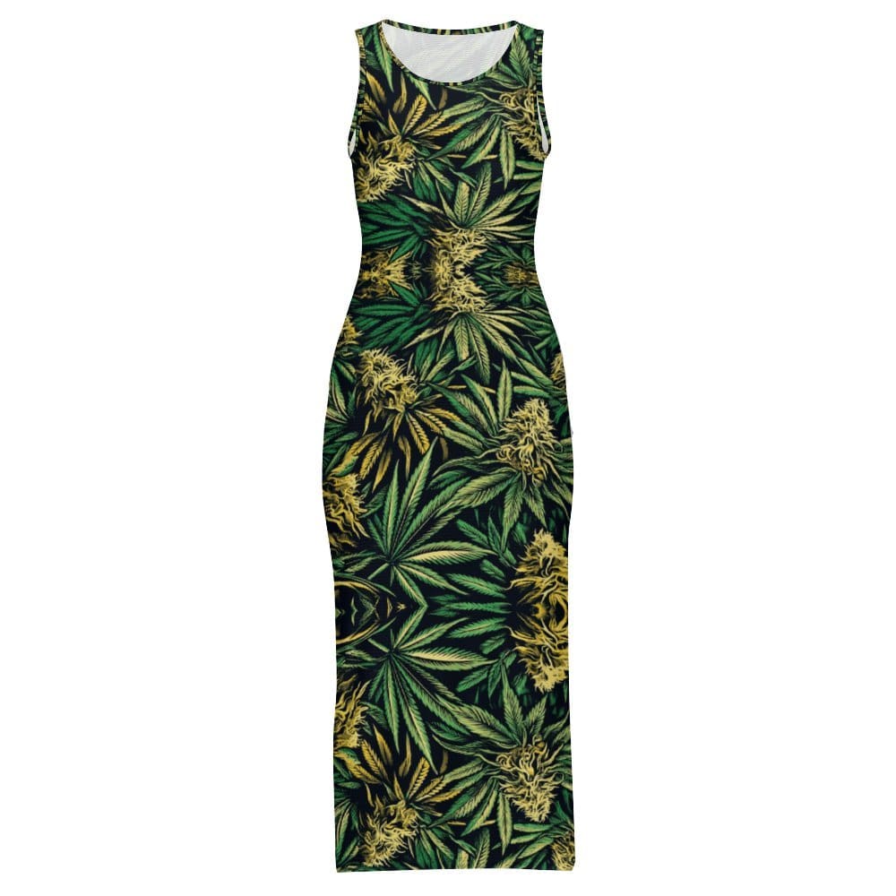 Bud print sleeveless long dress in white, flat lay front