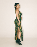 Bud print sleeveless long dress, back view on model